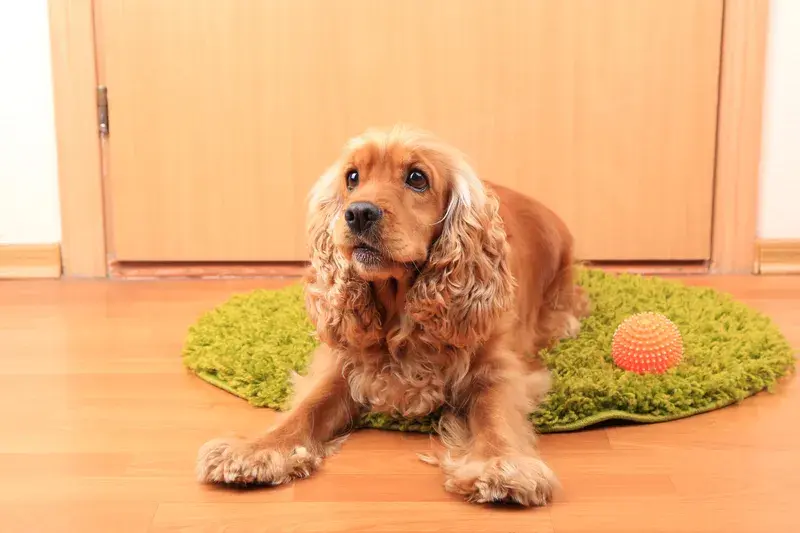 Rödbrun cocker spaniel ligger på grön matta inomhus